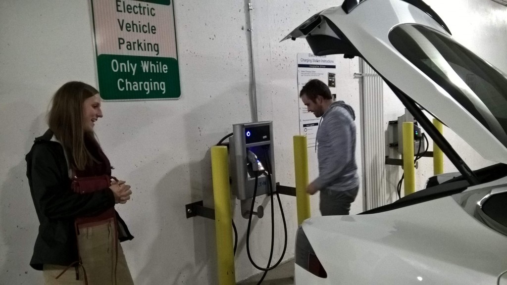 Inside the downtown Fort Collins parking garage to charge Chris' new Tesla.